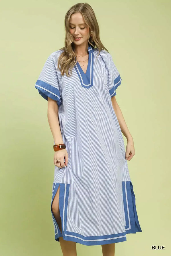 Umgee Pinstripe Contrast Trim Midi Dress - Glamourous Grace