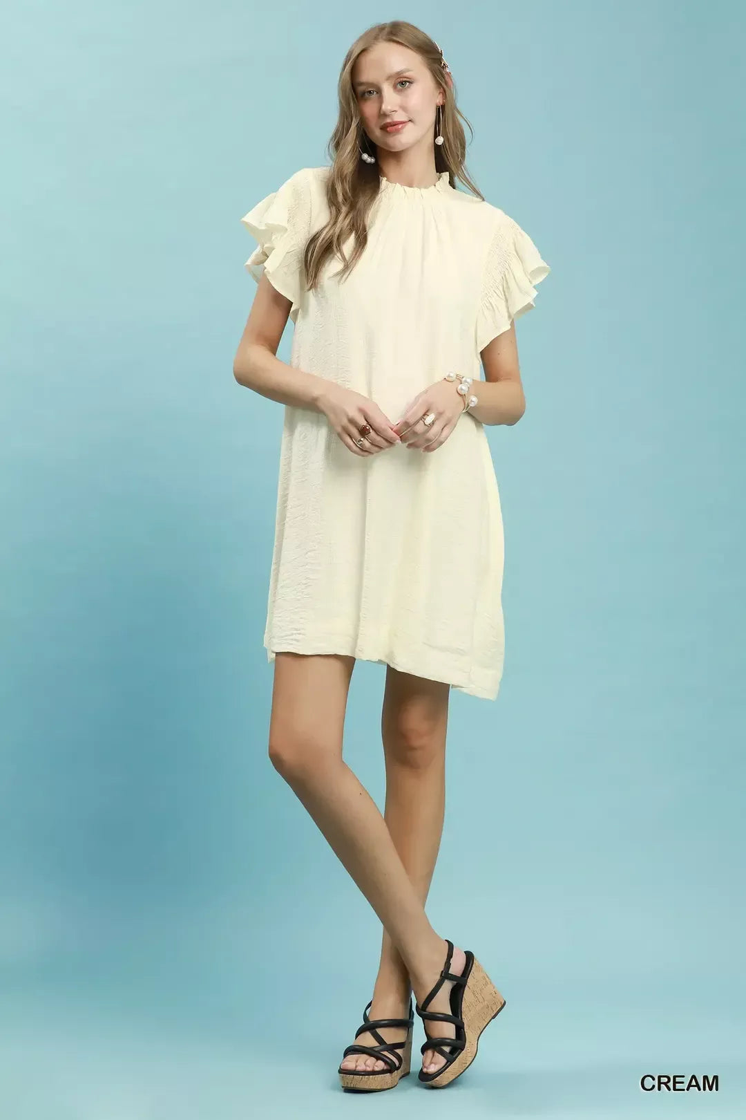 Umgee Ruffle Flutter Sleeve Dress in Cream - Glamourous Grace