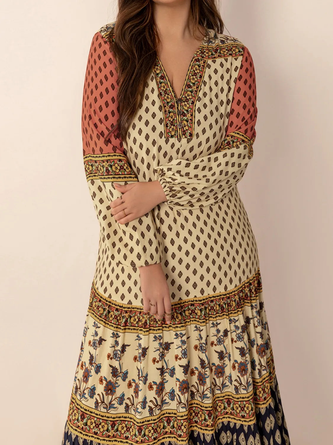 Printed V-Neck Balloon Sleeve Maxi Dress - Glamourous Grace