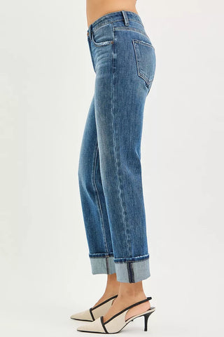 RISEN 4 Way Stretch Slouchy Straight Jeans with Cuffed Hem