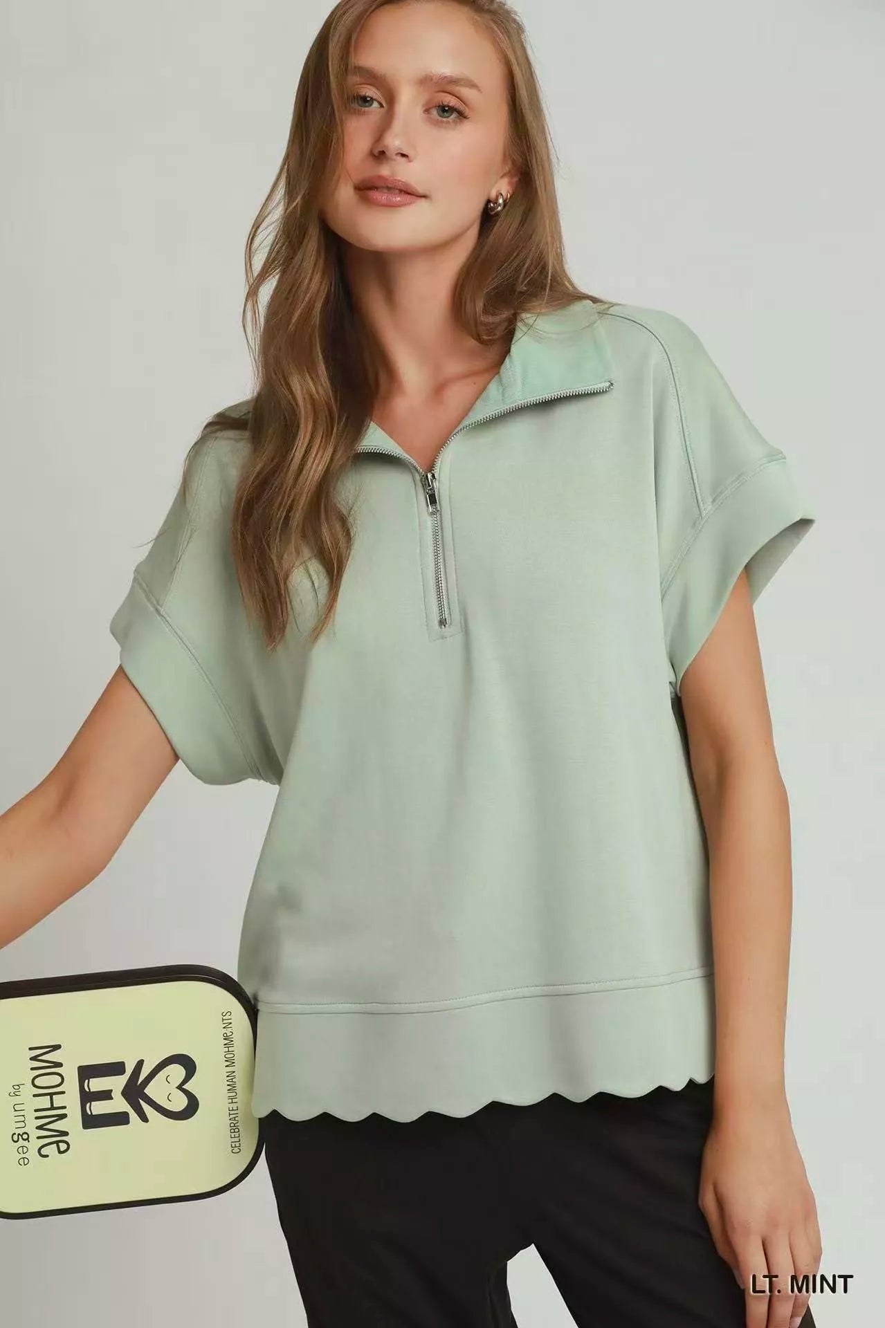 Umgee Half Zip Pullover with Scalloped Edge Hem - Glamourous Grace