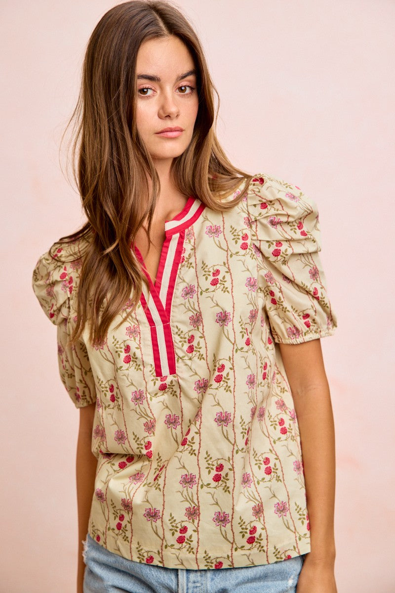 BiBi Floral Gather Sleeves Contrast Neckband Blouse Top - Glamourous Grace
