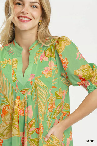 Umgee Botanical Print Dress with Smocked Cuffs - Glamourous Grace