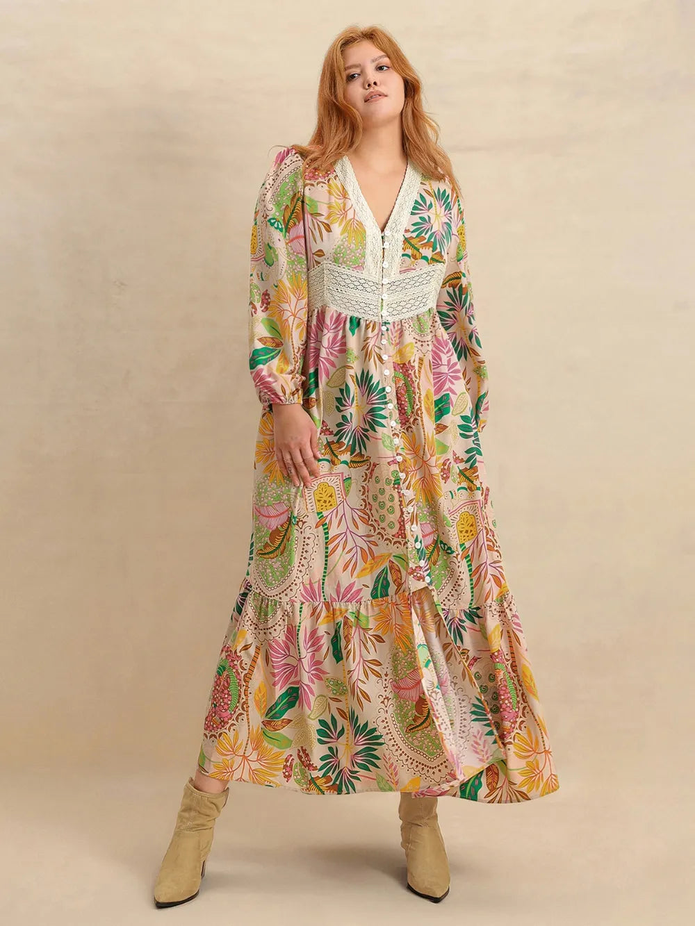 Plus Size Lace Detail Printed V-Neck Balloon Sleeve Dress - Glamourous Grace