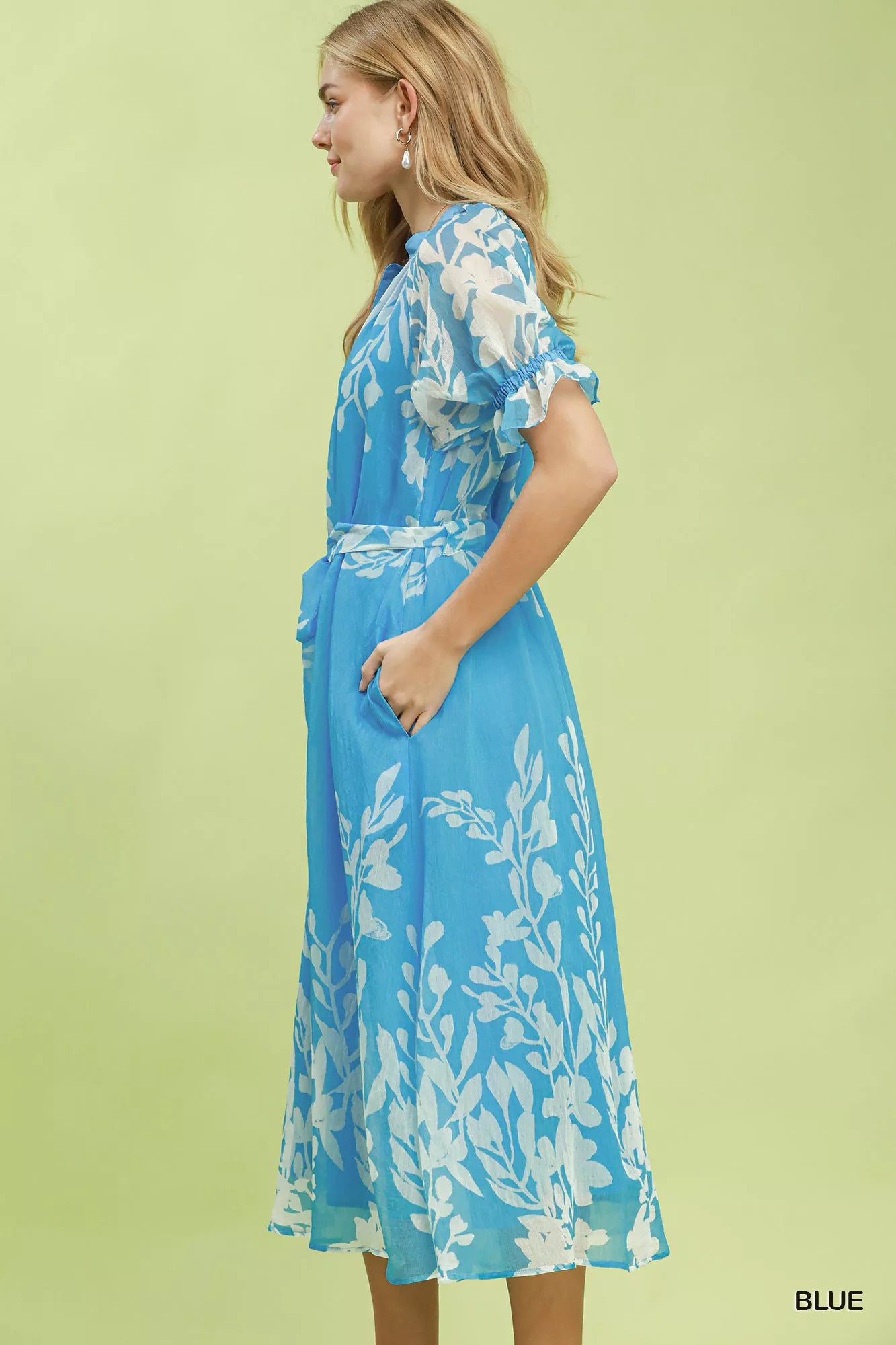 Umgee Floral Print Tie Waist Midi Dress with Side Pockets - Glamourous Grace