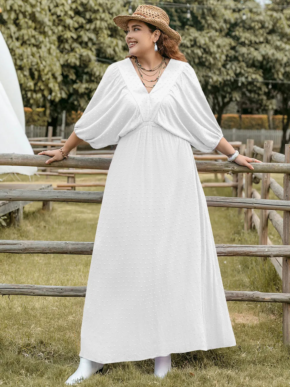 Plus Size Swiss Dot V-Neck Three-Quarter Sleeve Dress - Glamourous Grace