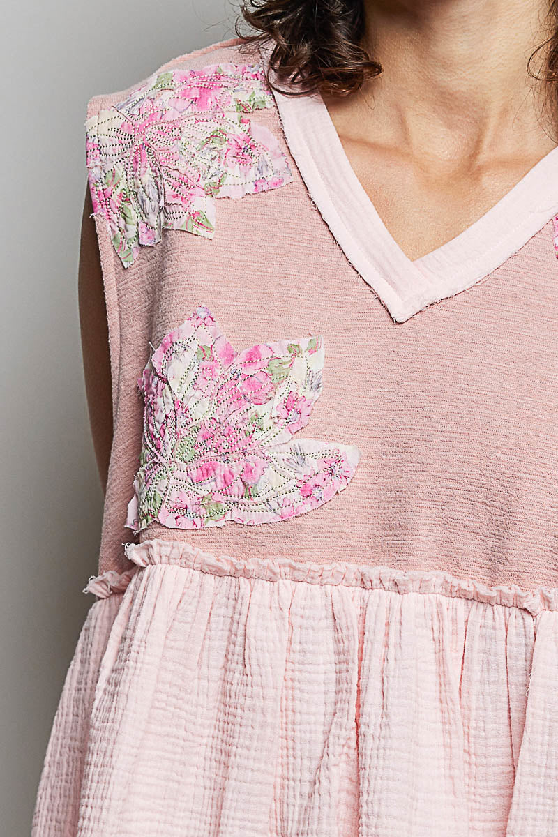 POL Floral Patch Ruffled Sleeveless Top with Raw Edge Detail in Pink - Glamourous Grace