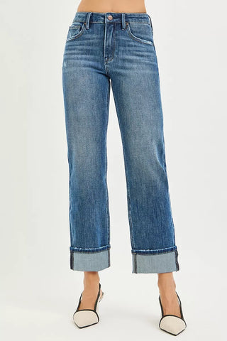 RISEN 4 Way Stretch Slouchy Straight Jeans with Cuffed Hem