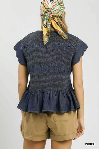 Umgee Smocked Peplum Top with Scalloped Ruffle Cap Sleeves - Glamourous Grace