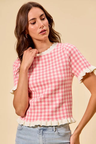 SO ME Gingham Knit Ruffled Short Sleeves Sweater Top - Glamourous Grace