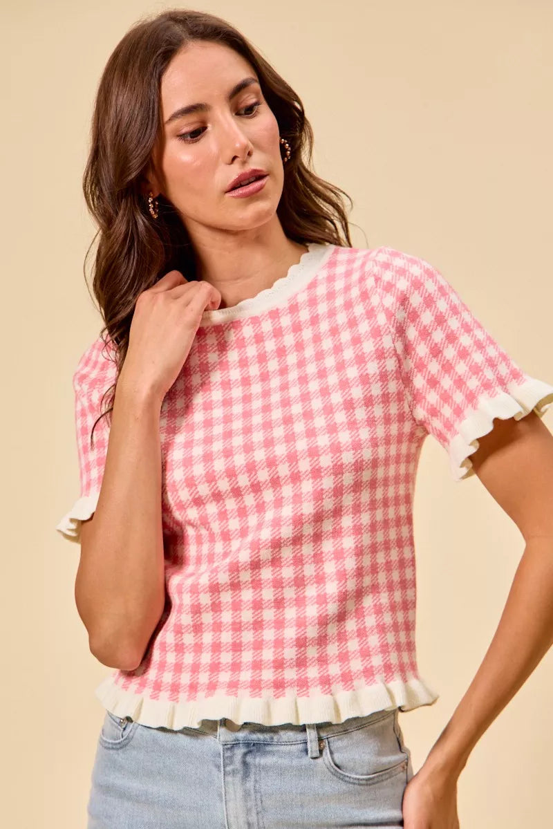 SO ME Gingham Knit Ruffled Short Sleeves Sweater Top - Glamourous Grace