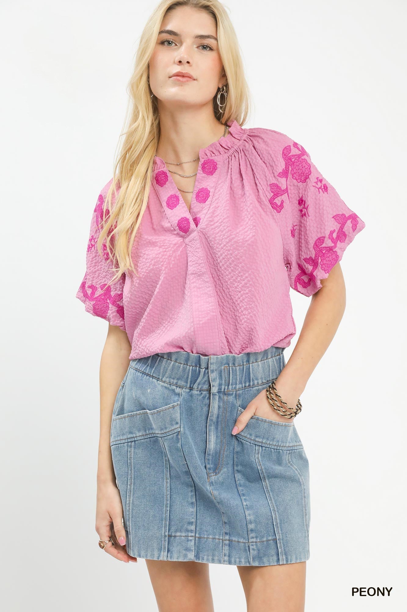 Umgee Embroidered Textured Flutter Sleeve Top - Glamourous Grace
