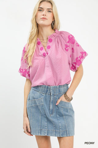 Umgee Embroidered Textured Flutter Sleeve Top - Glamourous Grace