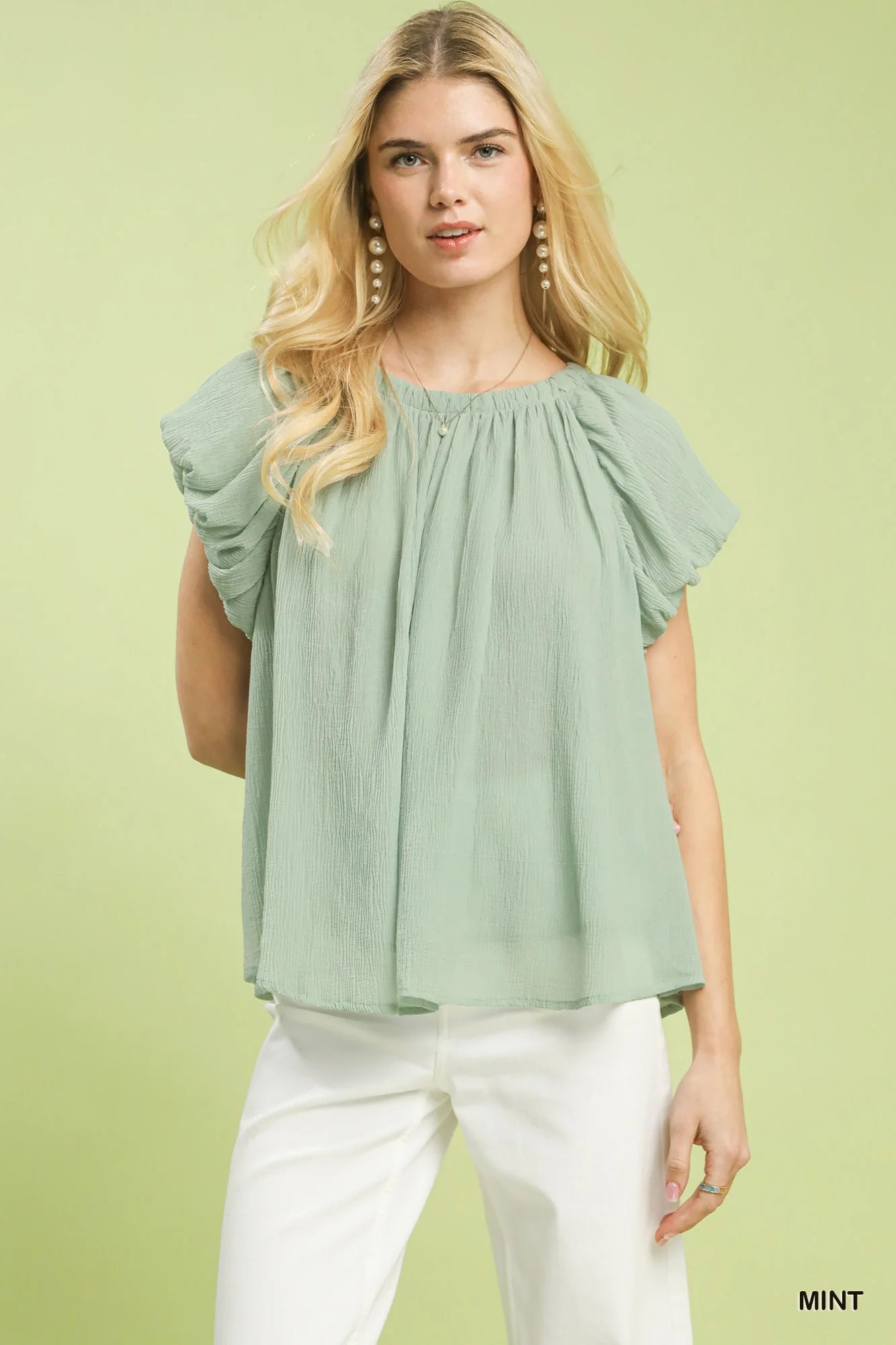 Umgee Crinkle Flutter Sleeve Peasant Top in Mint - Glamourous Grace