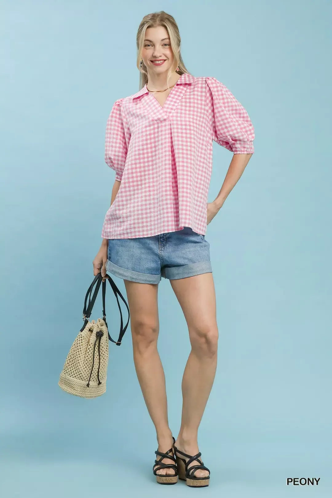 Umgee Gingham Puff Sleeve Collared Blouse in Pink - Glamourous Grace