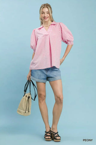 Umgee Gingham Puff Sleeve Collared Blouse in Pink - Glamourous Grace