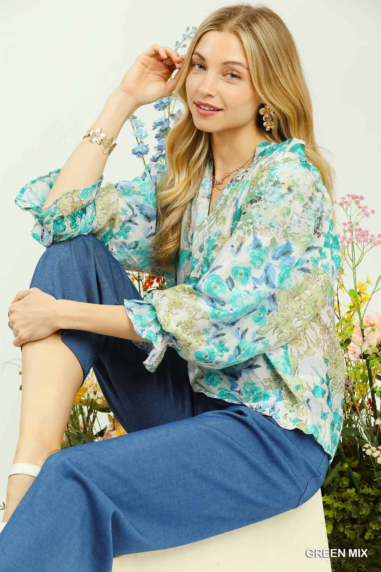 Umgee Watercolor Floral Blouse with Flounce Sleeve - Glamourous Grace
