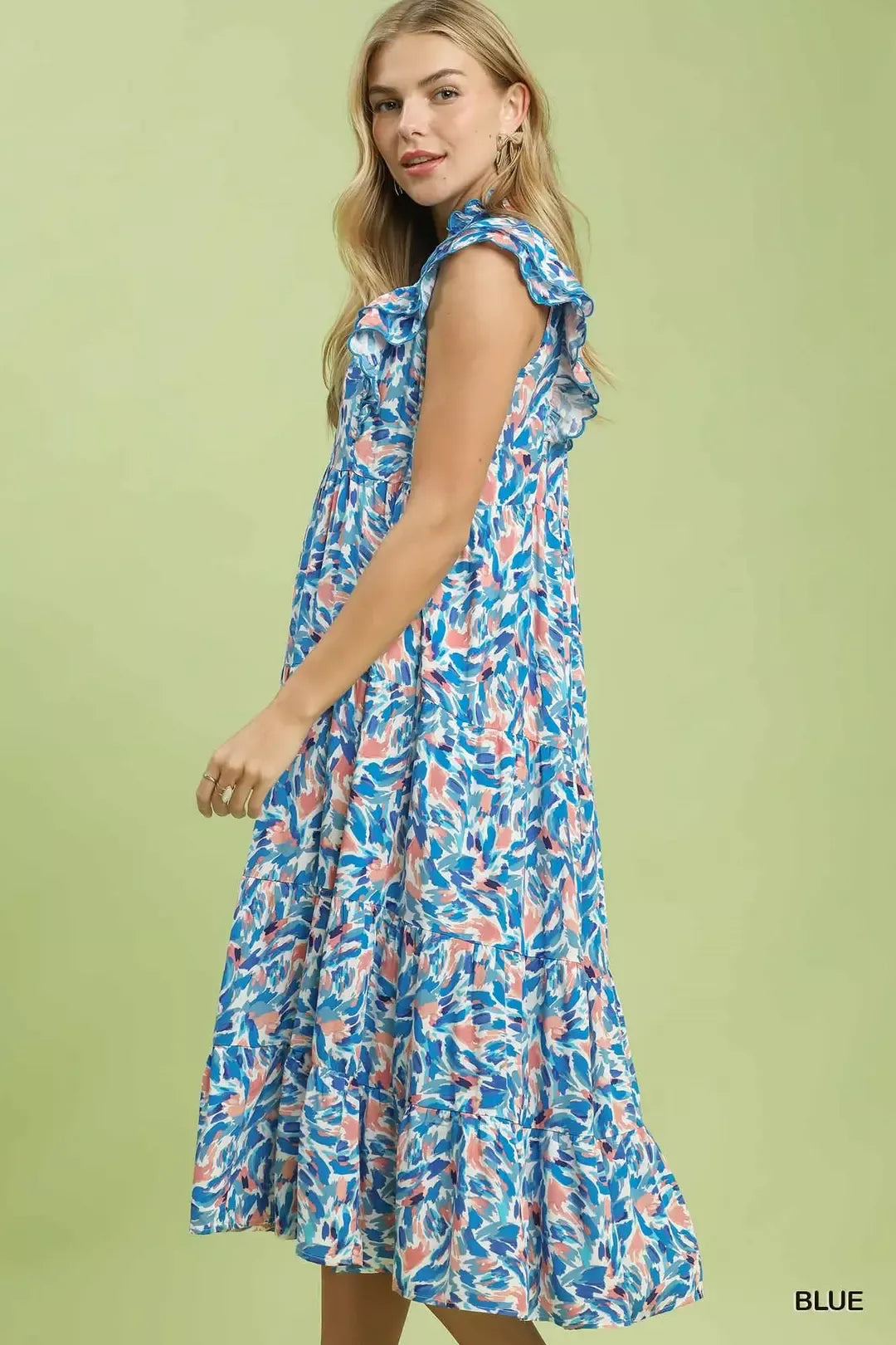 Umgee Leaf Print Midi Tiered Dress with Side Pockets - Glamourous Grace