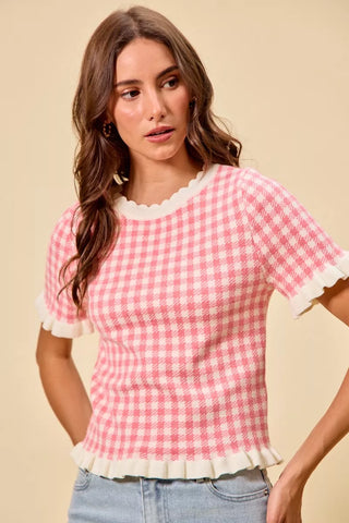 SO ME Gingham Knit Ruffled Short Sleeves Sweater Top - Glamourous Grace