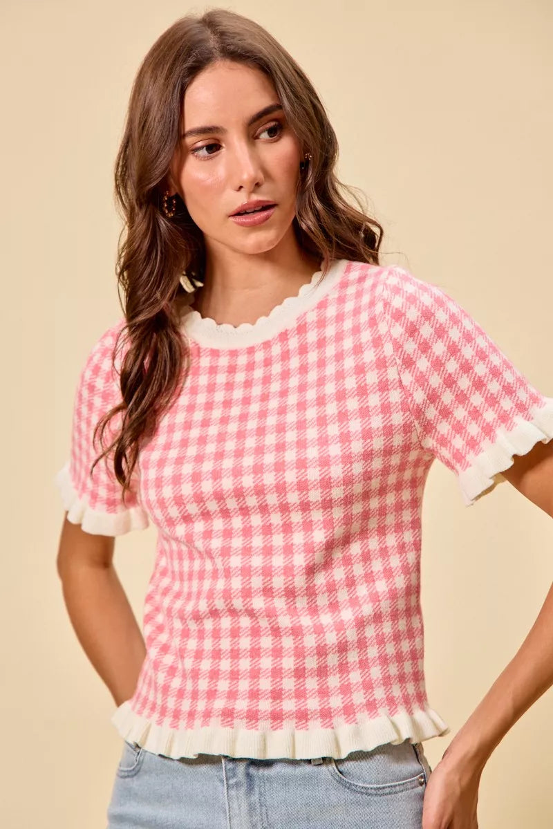 SO ME Gingham Knit Ruffled Short Sleeves Sweater Top - Glamourous Grace