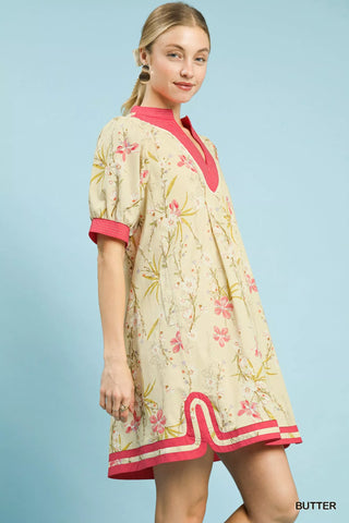Umgee Floral Puff Sleeve Dress with Contrast Trim - Glamourous Grace
