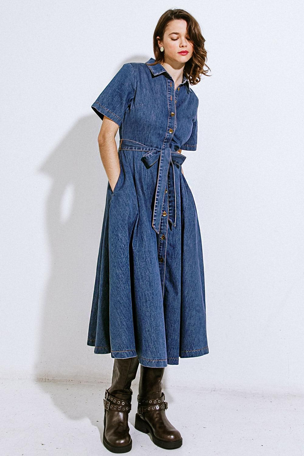 DAY IN THE LIFE DENIM MIDI DRESS - Glamourous Grace
