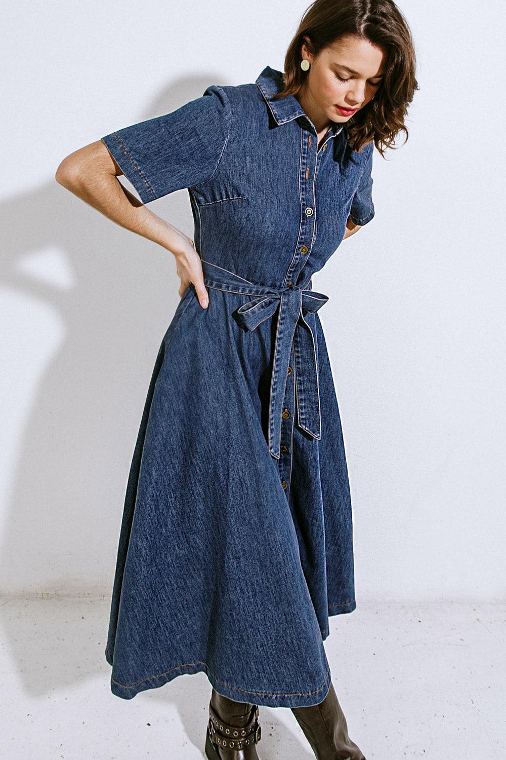 DAY IN THE LIFE DENIM MIDI DRESS - Glamourous Grace