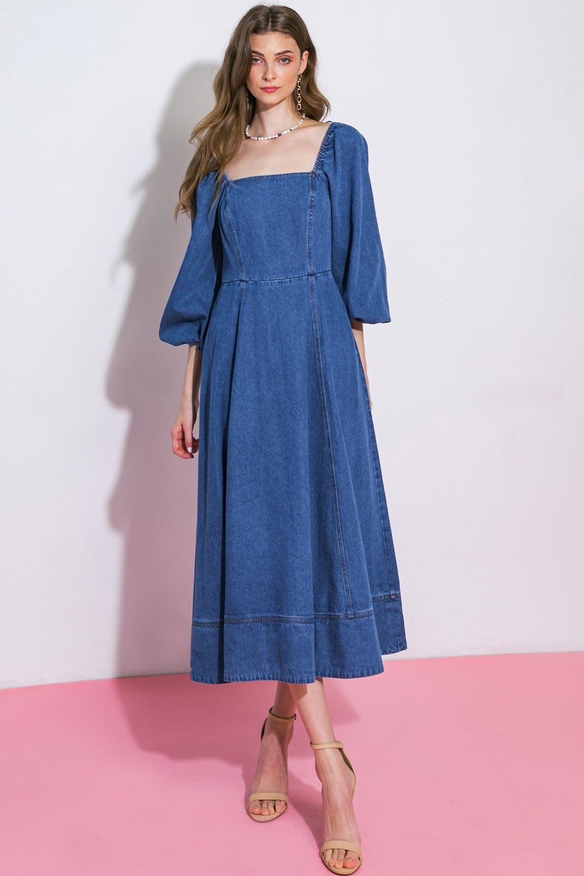 FEELIN'S GROOVY DENIM MIDI DRESS - Glamourous Grace