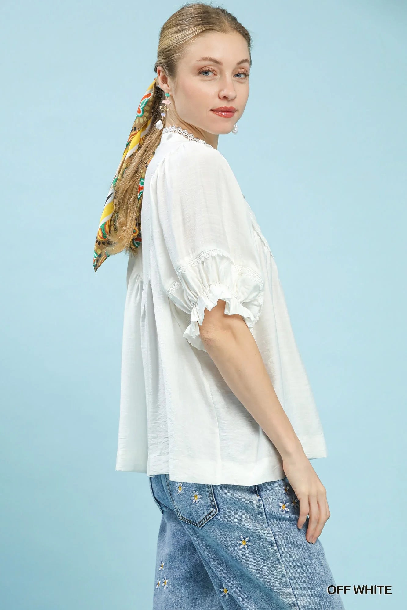 Umgee Smocked Yoke Blouse with Ruffle Sleeves in Off White - Glamourous Grace