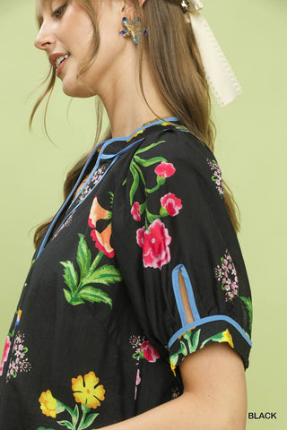 Umgee Botanical Print Contrast Trim Button Blouse - Black Sz L - Glamourous Grace