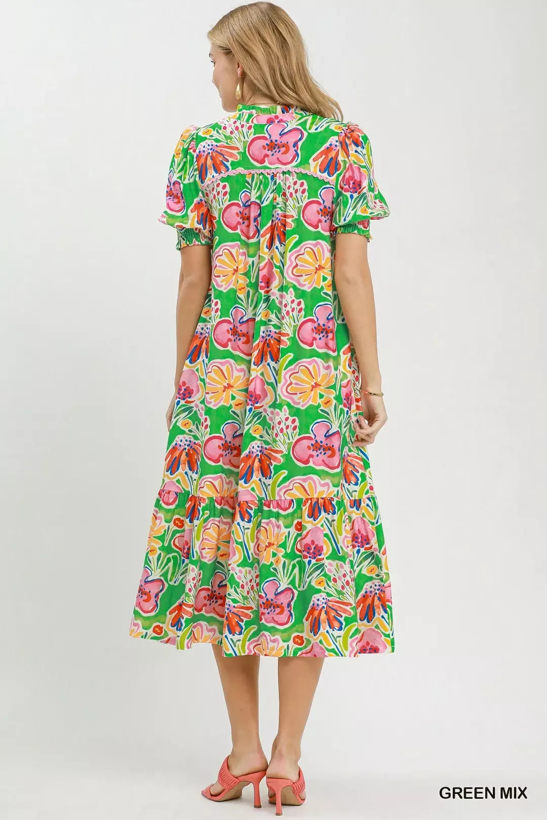 Umgee Floral Print Puff Sleeve Tiered Midi Dress - Glamourous Grace