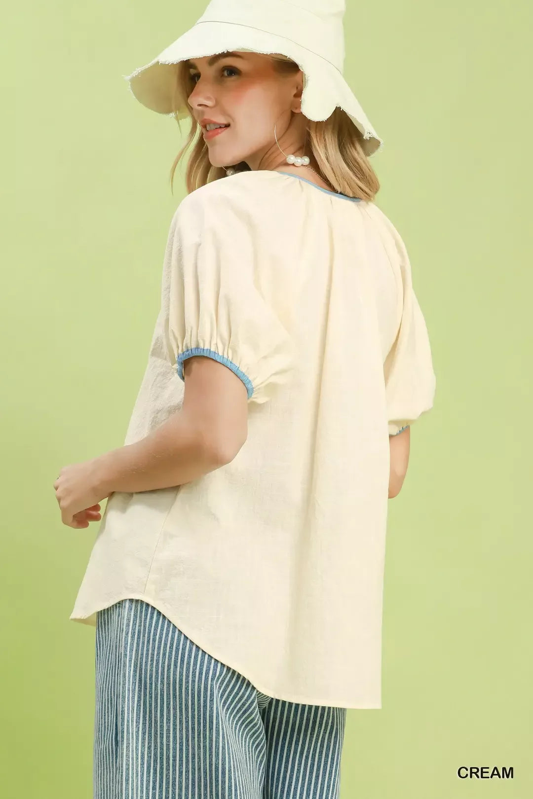 Umgee Contrast Trim Button Front Puff Sleeve Blouse - Glamourous Grace