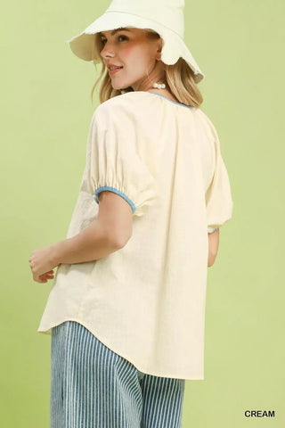 Umgee Contrast Trim Button Front Puff Sleeve Blouse - Glamourous Grace