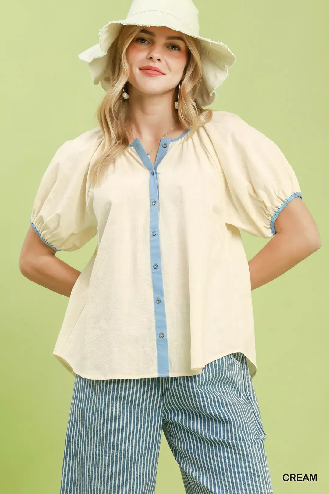 Umgee Contrast Trim Button Front Puff Sleeve Blouse - Glamourous Grace