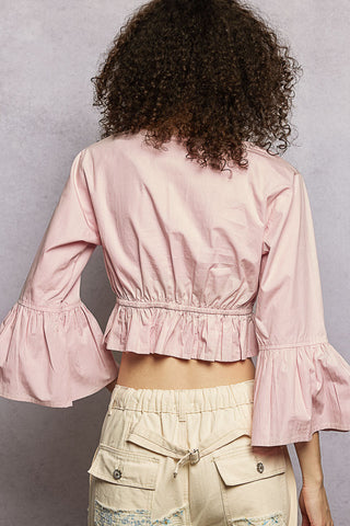 POL Floral Embroidered Cropped Blouse with Flared Ruffle Sleeves - Glamourous Grace
