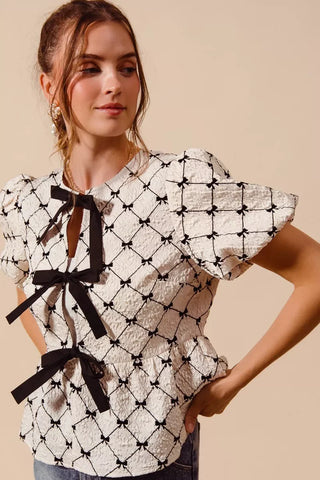 SO ME Bow Texture Woven Peplum Top With Contrast Tie - Glamourous Grace