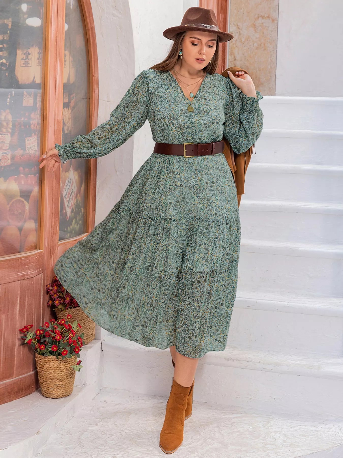 Plus Size Printed V-Neck Long Sleeve Midi Dress - Glamourous Grace