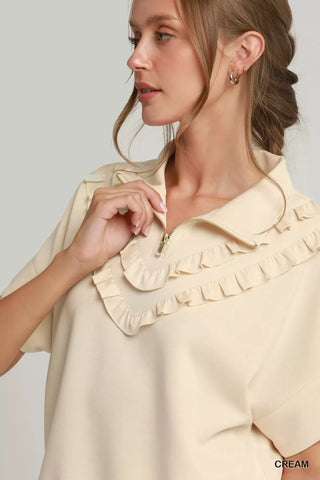 Umgee Ruffle Quarter Zip Short Sleeve Top - Glamourous Grace