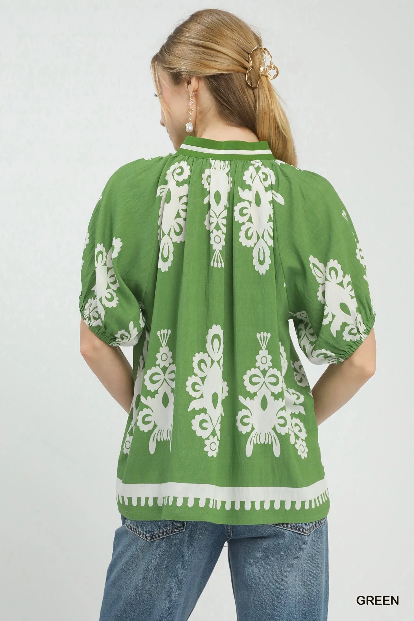 Umgee Boho Print Split-Neck Short Sleeve Top - Glamourous Grace
