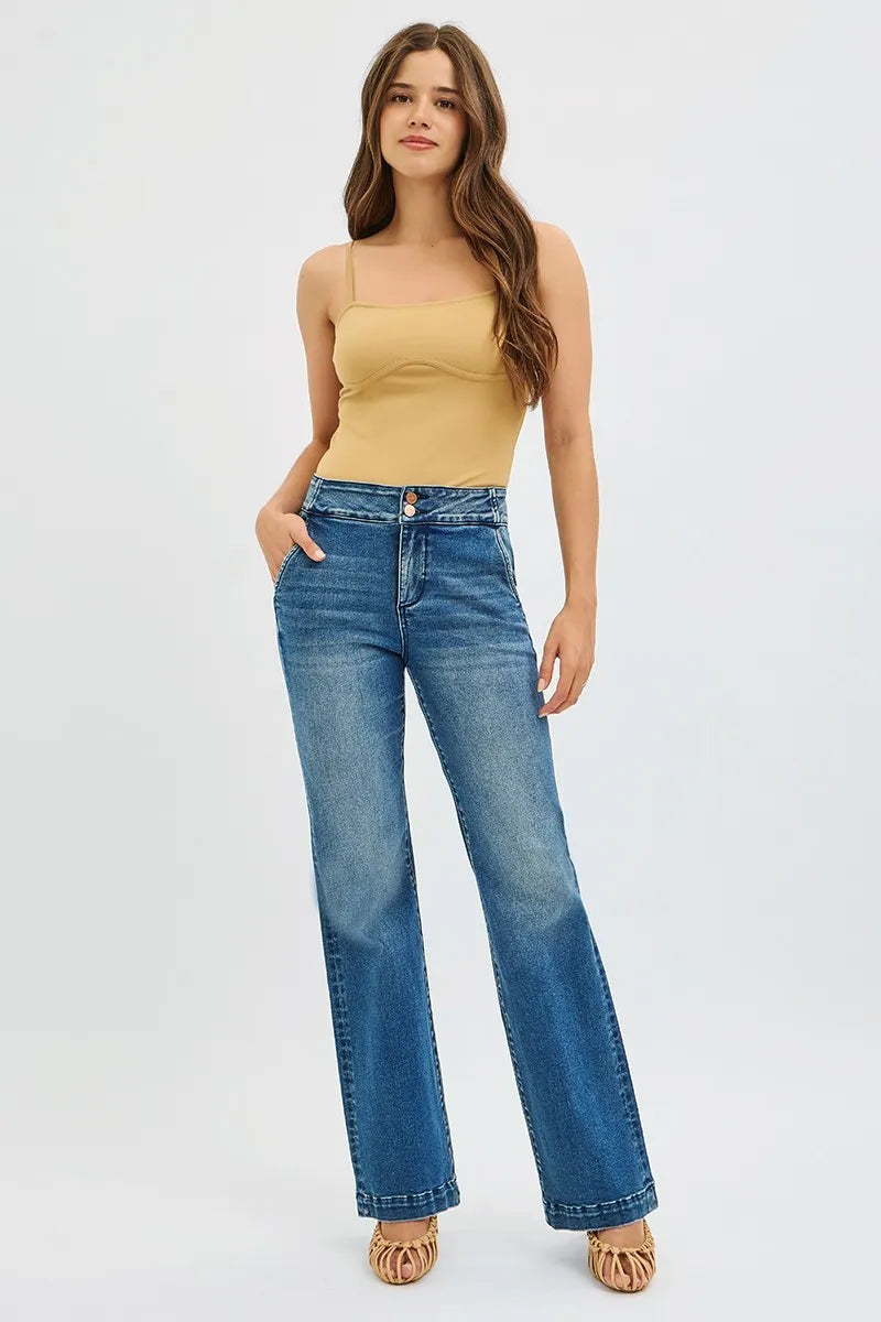 RISEN Tummy Control High Rise Bootcut Jeans with Double Button Waistband - Glamourous Grace