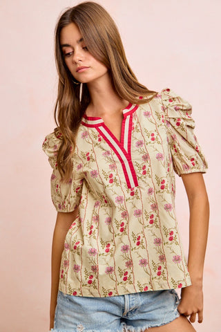 BiBi Floral Gather Sleeves Contrast Neckband Blouse Top - Glamourous Grace