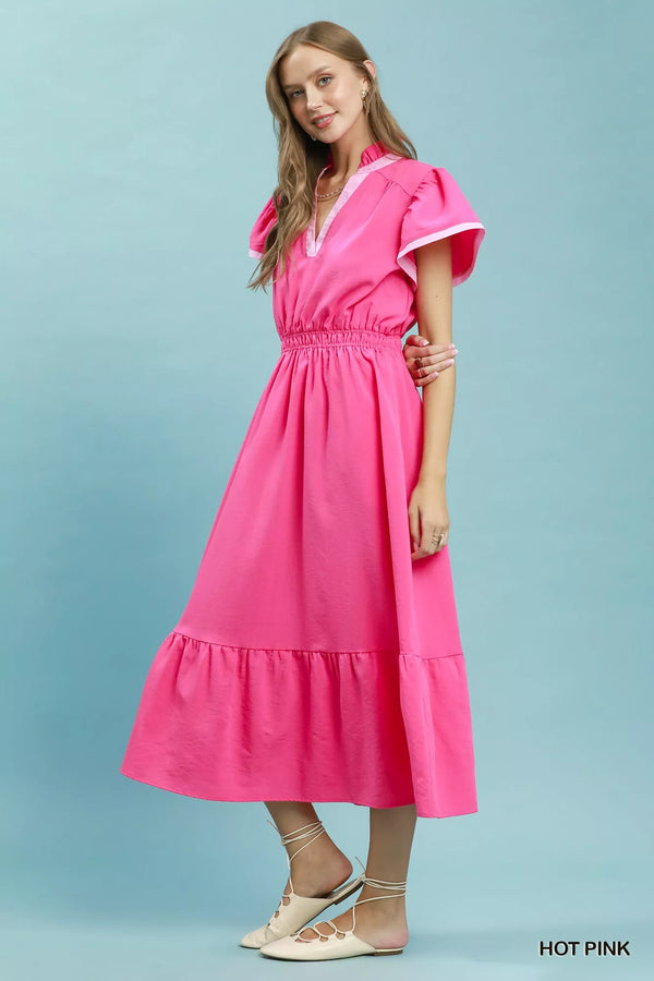 Umgee Contrast Trim Midi Dress with Tiered Ruffle Hem - Glamourous Grace