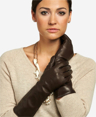 Leonora (brown) - Italian cashmere lined 6-button length leather gloves - Glamourous Grace