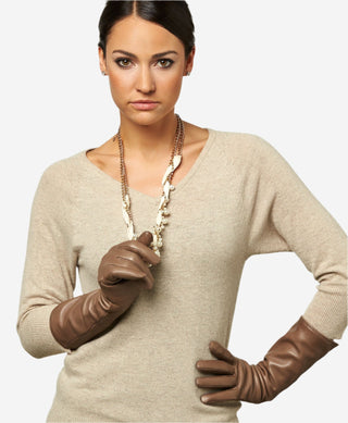 Leonora (taupe) - Italian cashmere lined 6-button length leather gloves - Glamourous Grace