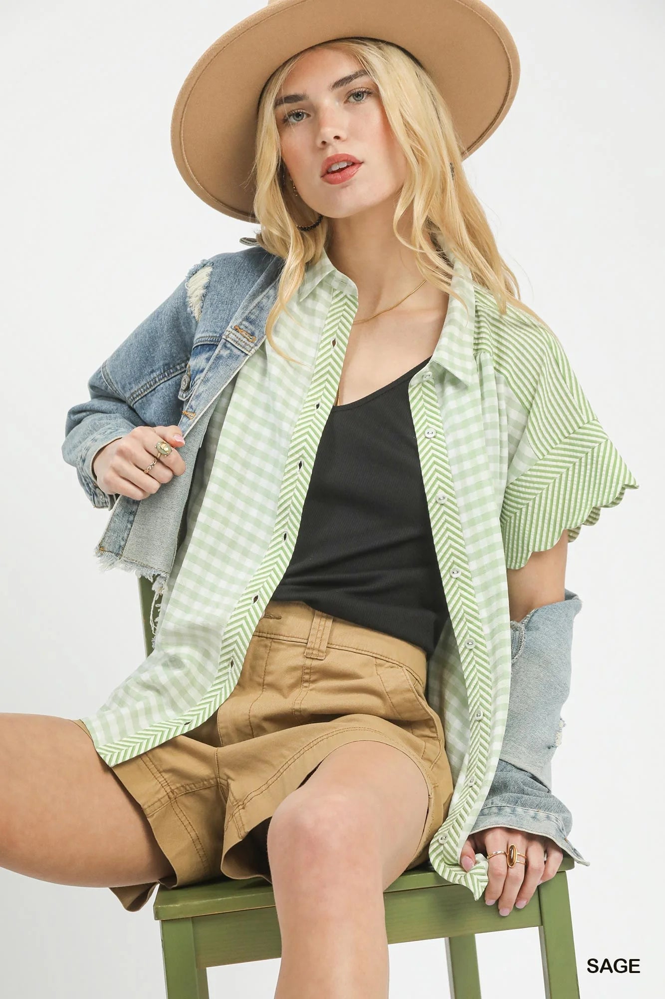 Umgee Mixed Gingham Short Sleeve Shirt - Glamourous Grace
