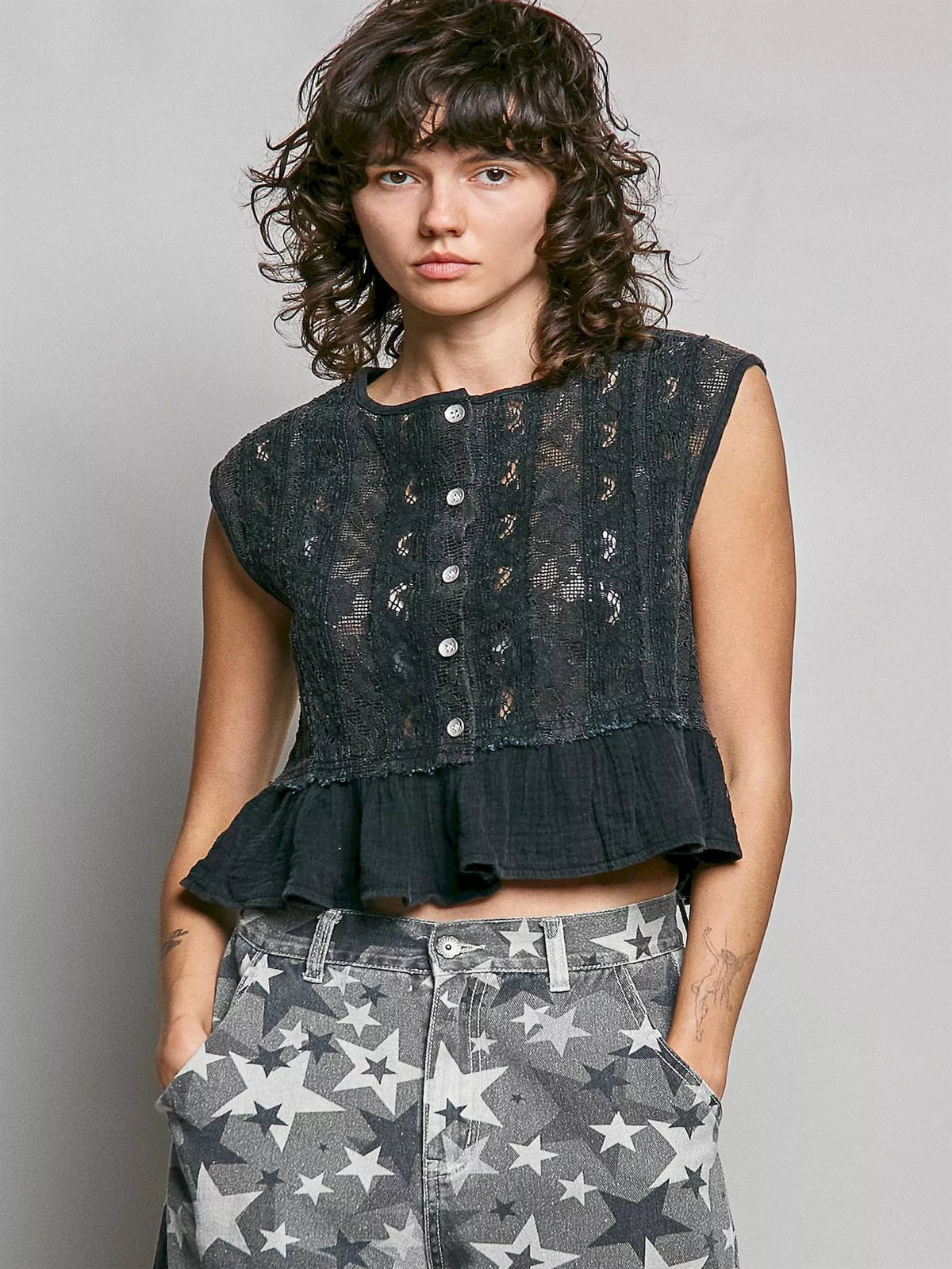 POL Round Neck Lace Sleeveless Top with Double Gauze Ruffle - Glamourous Grace