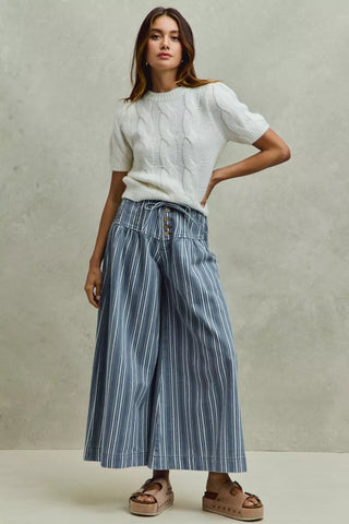 SO ME Mid Rise Stripe Denim Washed Pleat Wide Leg Pants - Glamourous Grace