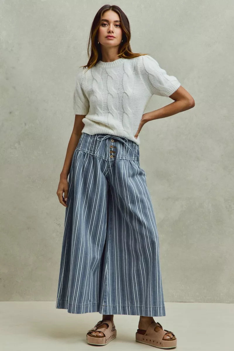 SO ME Mid Rise Stripe Denim Washed Pleat Wide Leg Pants - Glamourous Grace
