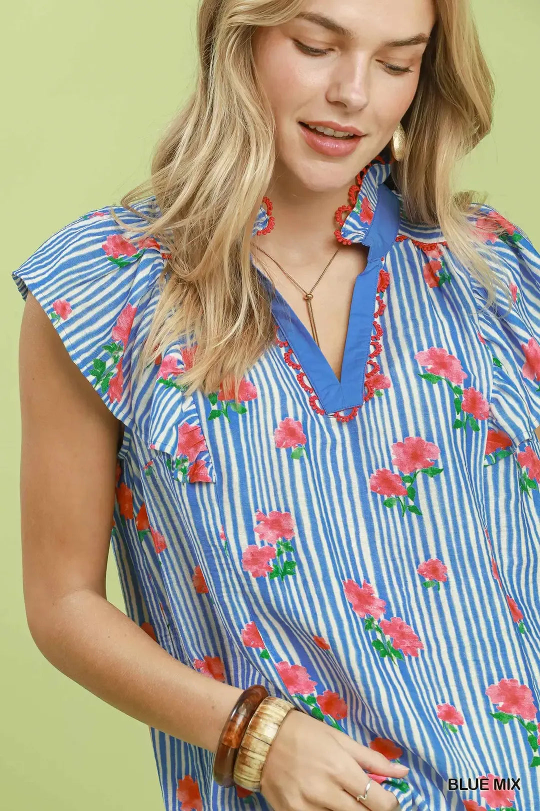 Umgee Striped Floral Ruffle Sleeve Top with Contrast Trim - Glamourous Grace