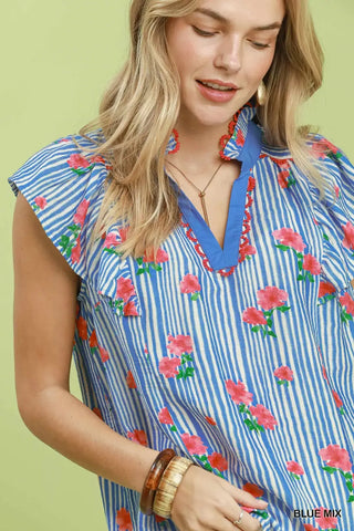 Umgee Striped Floral Ruffle Sleeve Top with Contrast Trim - Glamourous Grace